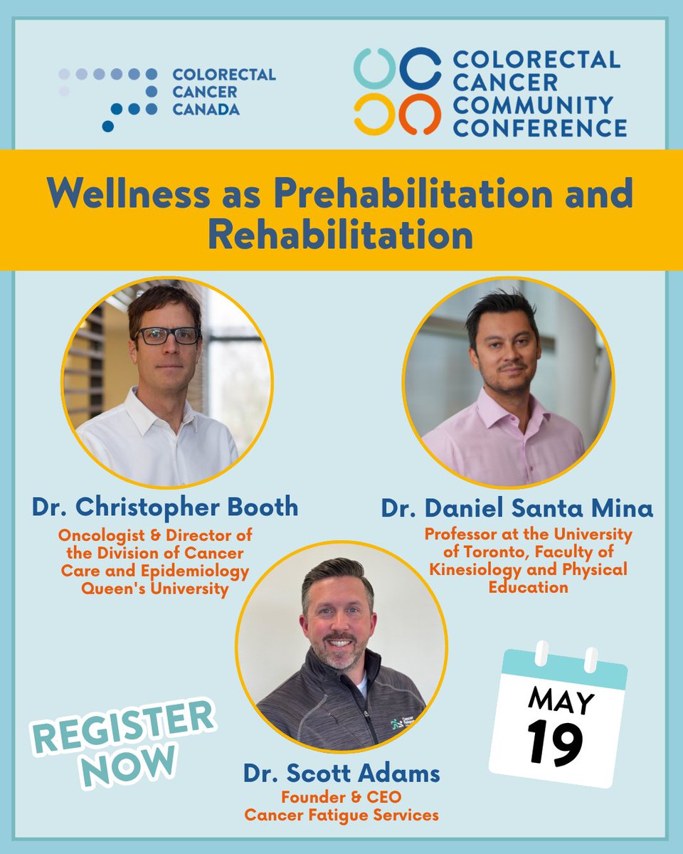 coloncanada's tweet image. What role can wellness play before, during &amp;amp; after cancer treatment? Join our virtual Community Conference on May 19 for an expert panel on exercise oncology, fatigue support, prehab &amp;amp; research improving outcomes and quality of life. Register: tinyurl.com/cccc-2026
#crc