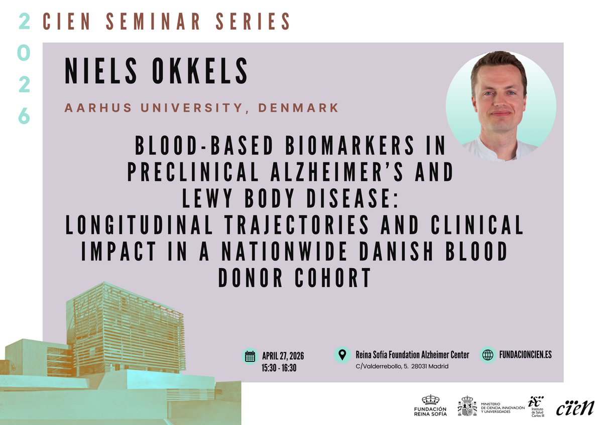 Fund_CIEN's tweet image. 🗣️@NielsOkkels  (@AarhusUni) is presenting at our #CIENSeminarSeries his cutting-edge work on blood-based biomarkers in preclinical #Alzheimer’s and Lewy body disease, highlighting longitudinal trajectories and their potential clinical impact.
ℹ️ fundacioncien.es/en/outreach/ci…