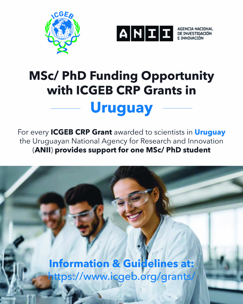 ICGEB's tweet photo. MSc/PhD funding boost in Uruguay 🇺🇾
For every ICGEB CRP Grant awarded to a scientist in Uruguay, @ANIIuy funds an MSc/PhD student.
One grant → one researcher trained. Double impact for science.
Apply now &amp; grow your team.
#PhD #MSc #Uruguay #Research #science #ICGEB #MemberState https://t.co/HrIUobpnAq
