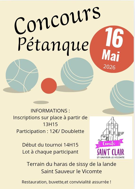 sauveur390's tweet image. Le 16 mai, venez participer au concours de pétanque à Saint Sauveur le Vicomte ! Inscriptions dès 13h15, début du tournoi à 14h15. 12€/doublette, lot pour chaque participant. Restauration et convivialité garanties !
#pétanque #concours #SaintSauveurLeVicomte #convivialité
