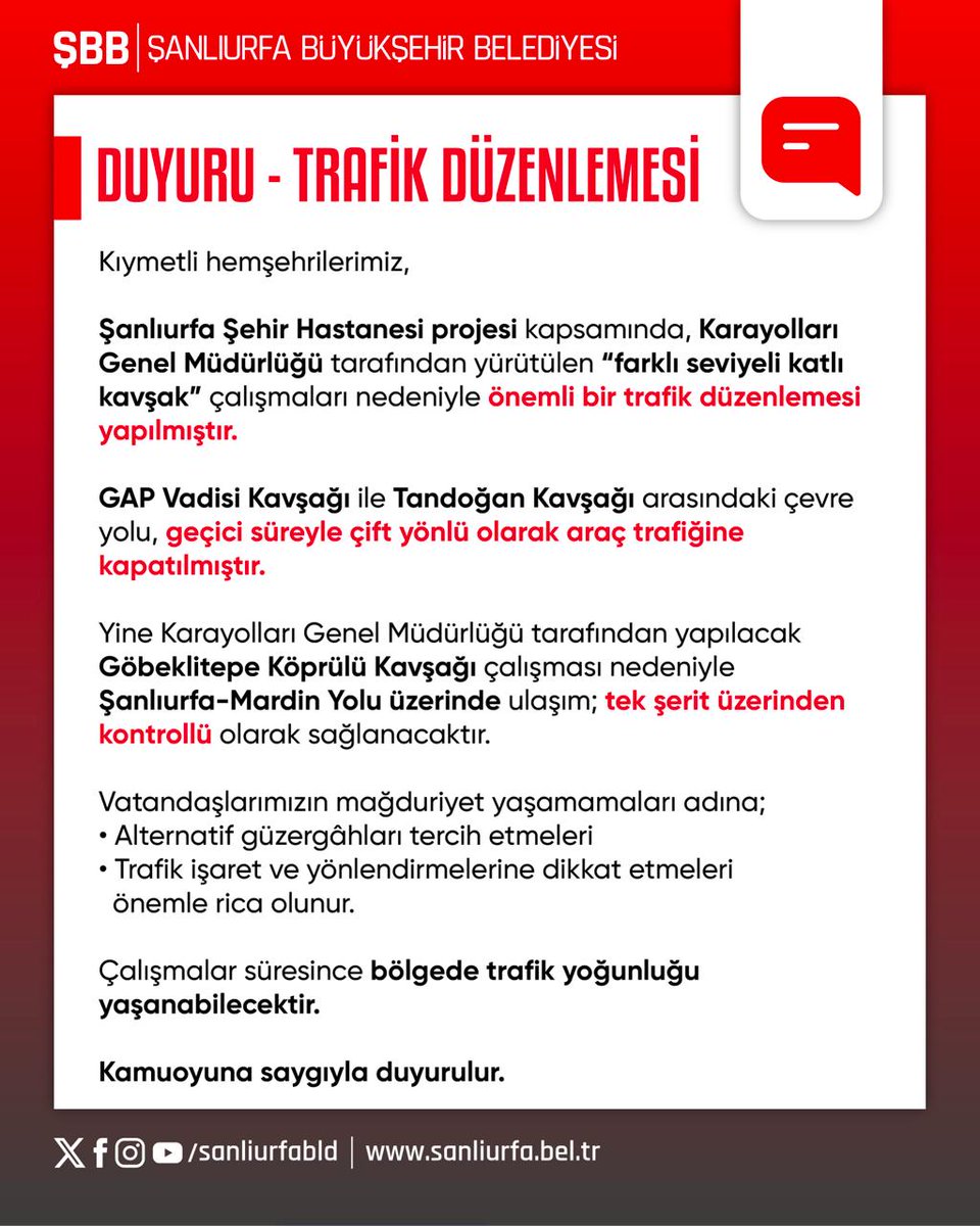 sanliurfabld's tweet photo. Lütfen Dikkat📢

Trafik Düzenlemesi hakkında kamuoyu duyurusudur. https://t.co/m99canQG5p