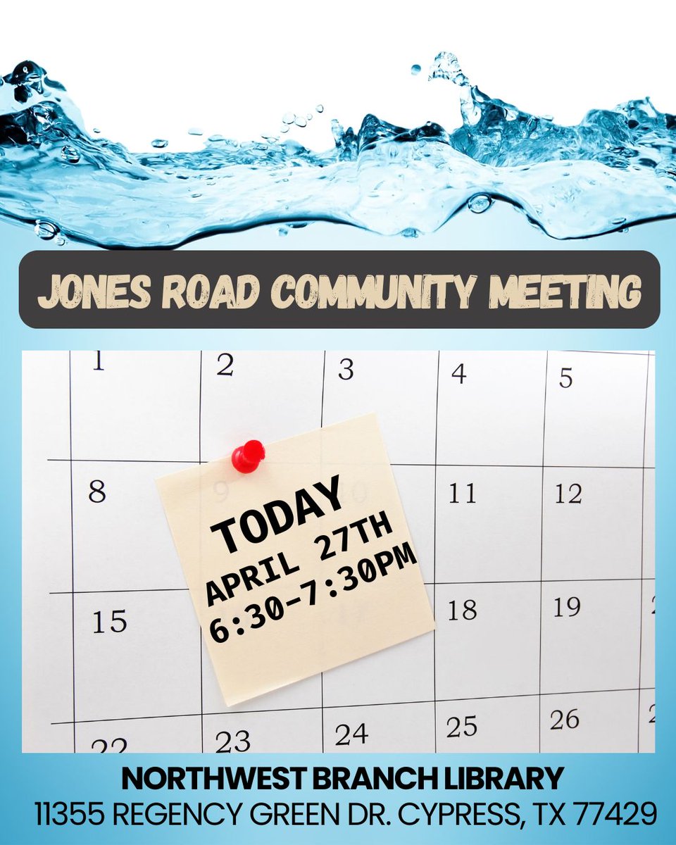 TXHEA's tweet photo. Jones Road Community Meeting Tonight! Bring your family and your neighbors and learn what the EPA has been up to — Because everyone’s backyard matters! 

Northwest Branch Library 
11355 Regency Green Dr.
Cypress, TX 77429
Monday, April 27, 2026
6:30-7:30pm https://t.co/FWgbbhWGXF