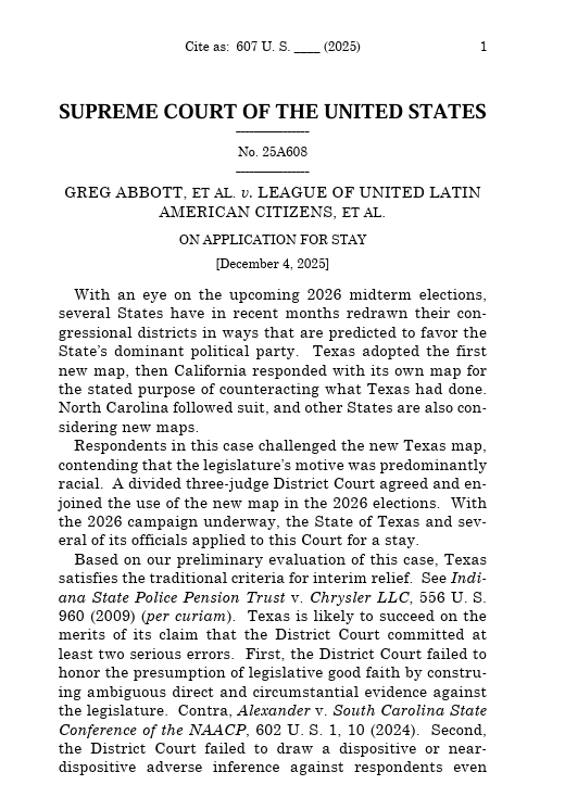scotus_wire's tweet image. 🚨 In a 6-3 vote, the Supreme Court reversed a ruling that struck down the new Texas congressional map as a racial gerrymander, citing its December stay of that ruling.