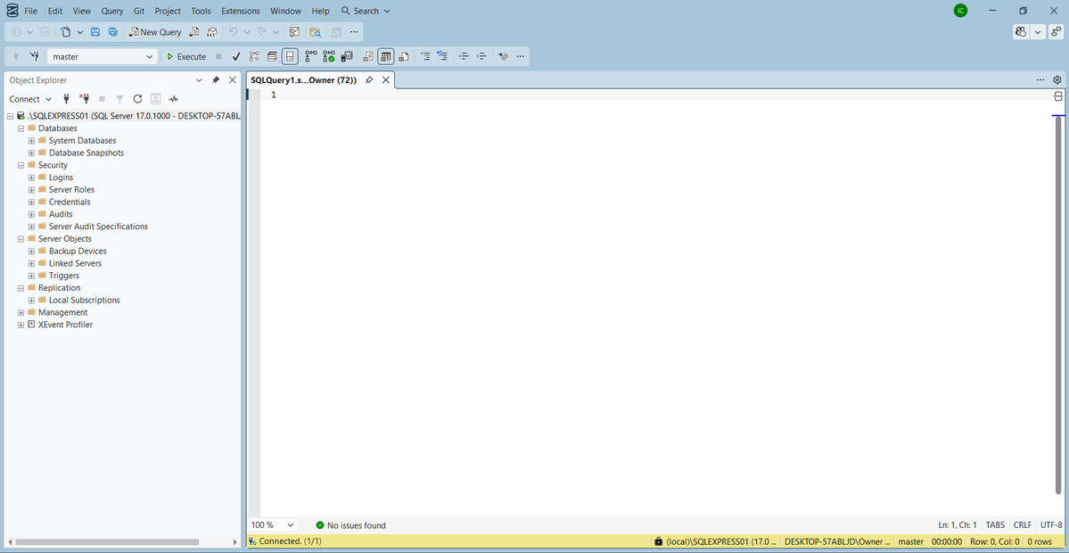 VC_DataLab's tweet image. Day 1 of my SQL journey with @TS_Academy! 🚀
Setup was tricky, but I finally got SQL Express &amp;amp; SSMS to "talk." I am officially IN! 🟢
Starting Intro to SQL today. Ready to turn data into insights! 📊💻
#DataAnalysis #SQL #TSAcademy #LearningInPublic #technalogia
