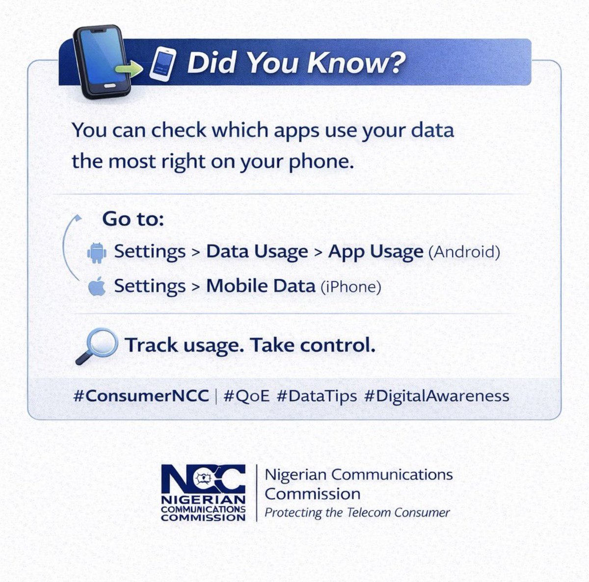 ConsumersNCC's tweet image. Use your data wisely. Monitor it. Control it. Save more.

#SmartDataUse #DataManagement #StayConnected #DataTips #ConsumerAwareness #NCCNigeria