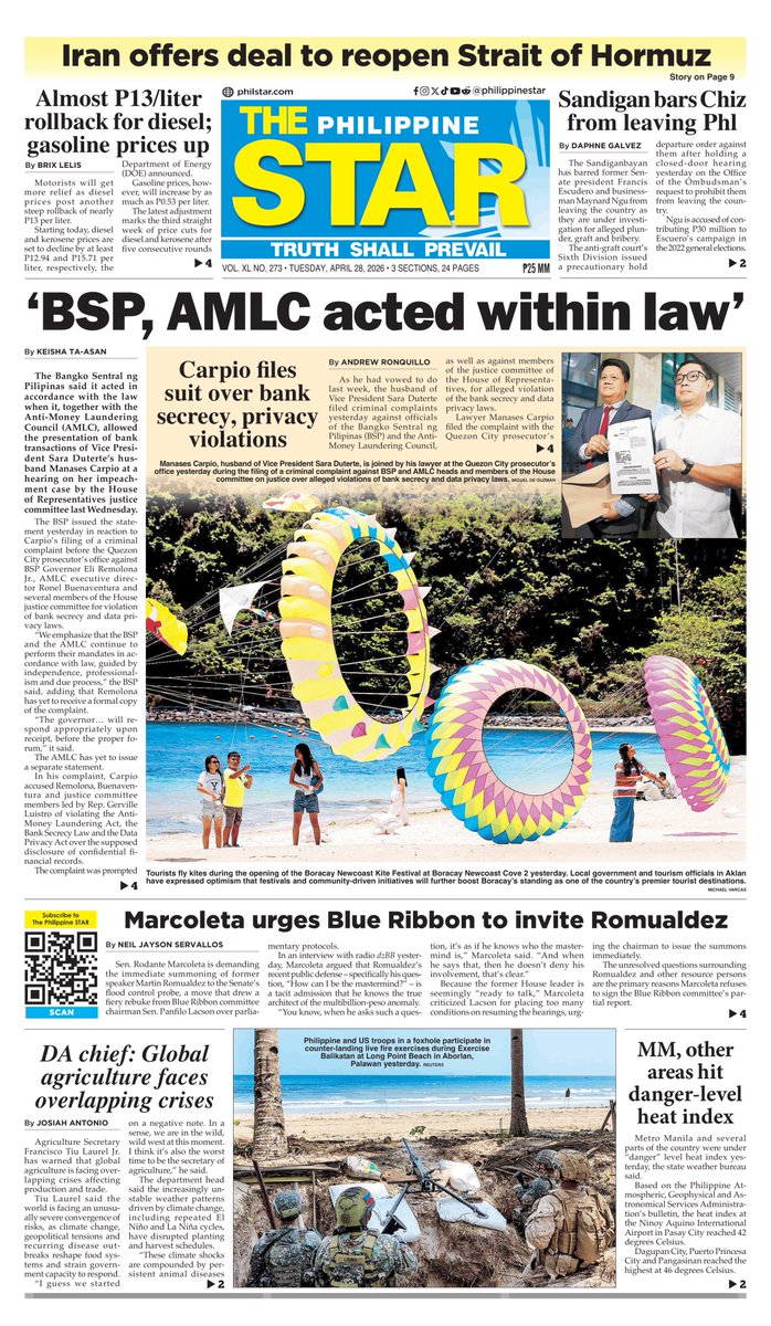 Today's front page, Tuesday, April 28, 2026
Subscribe to the paper: philstarsubscribe.com

Subscribe to our social media channels:
Facebook: facebook.com/PhilippineSTAR
X (Twitter): x.com/PhilippineStar
Instagram: instagram.com/philippinestar
TikTok: tiktok.com/@philippinestar
Reddit: