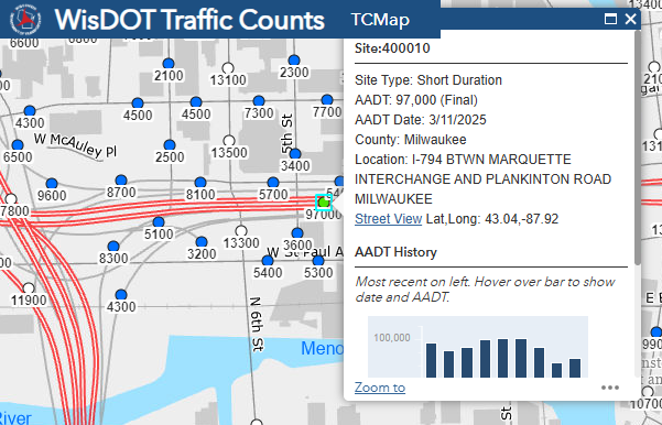 wmwillwilliam's tweet photo. @TearDown794 Reimagine the actual data: 97,000 daily cars on Michigan or Clybourn.  (AADT "annual average daily traffic") https://t.co/HMYhpKbgcc