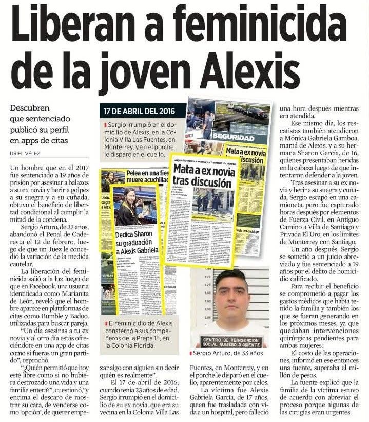🔴| Caso Alexis Gabriela/Sergio Ríos 

En 2016 un sujeto de nombre Sergio Ríos, asesinó a balazos a su entonces novia, Alexis Gabriela García, además hirió a la madre y a la hermana de la victima. 

El sujeto fue condenado a 19 años de prisión pero el 12 de febrero de este año,