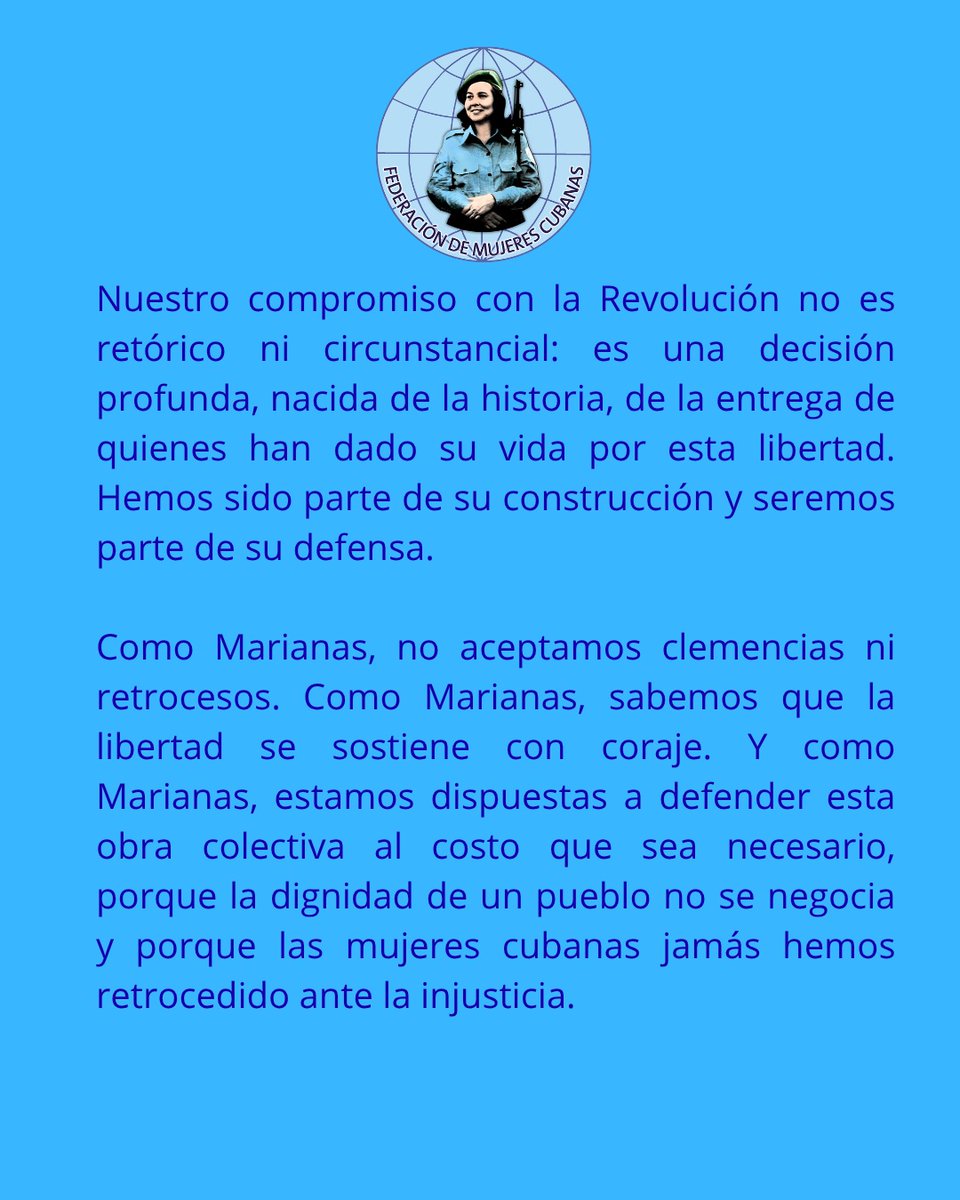🇨🇺 Declaración de la <a href="/FMC_Cuba/">FMC de Cuba</a> 

Nosotras, defensoras  de la memoria viva de esta nación, alzamos hoy nuestra voz y plasmamos nuestras firma por la paz y por la patria. Lo hacemos desde la experiencia, desde la historia que hemos sostenido con nuestras manos.