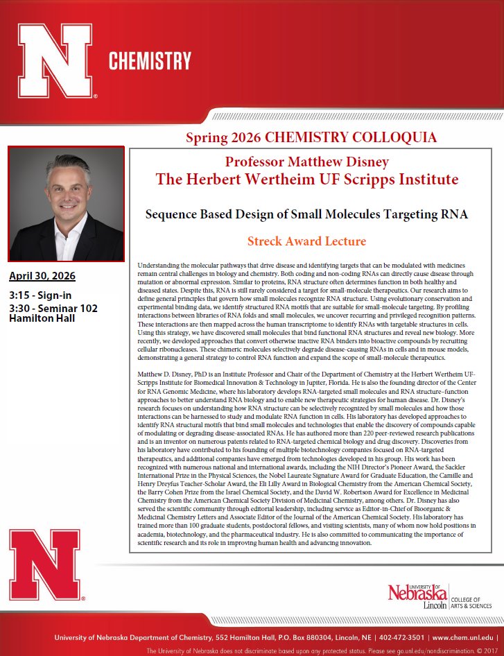 unlchemistry's tweet photo. This Thursday, April 30th, we have our annual Streck Award lecture with Professor Matthew Disney from The Herbert Wertheim UF Scripps Institute joining us as our awardee/speaker. Seminar will begin at 3:30pm in room 102 https://t.co/DyBqu0RLPZ