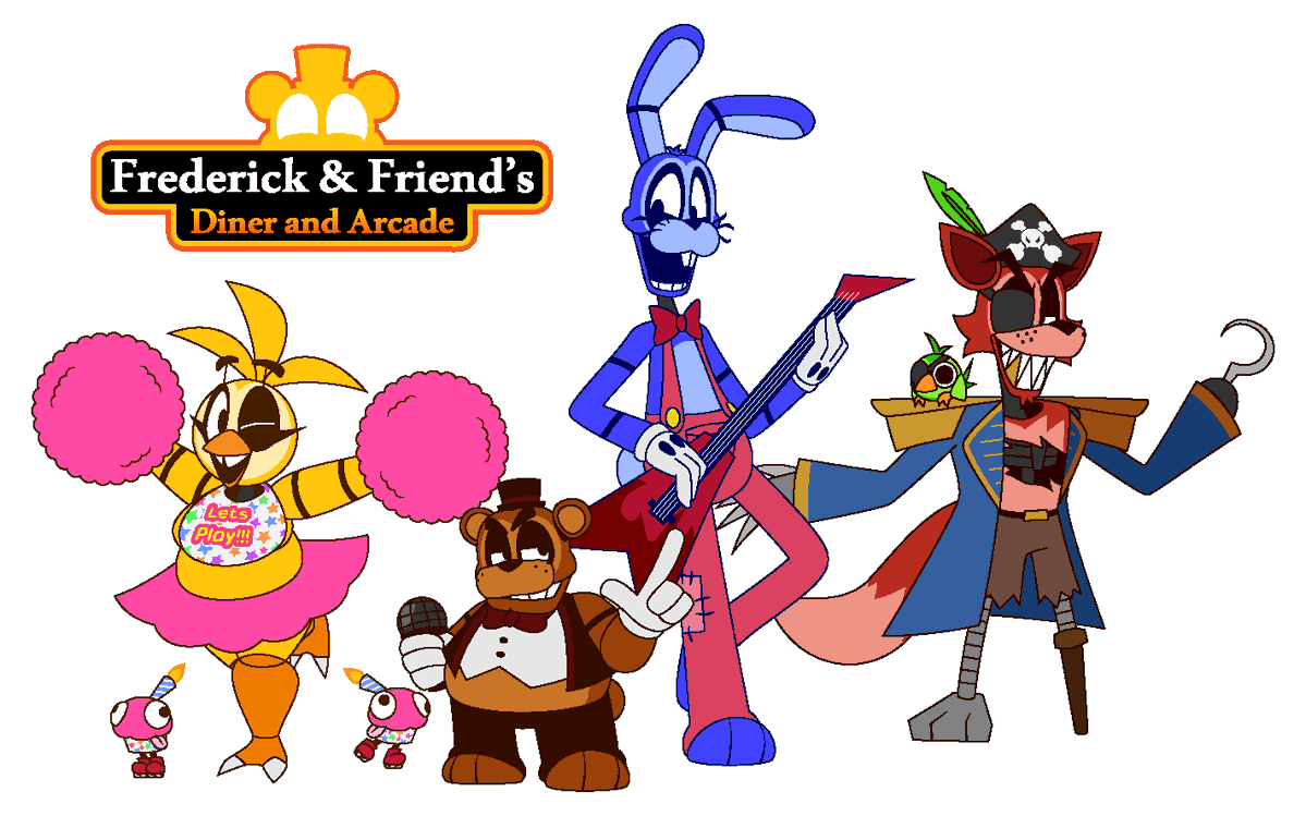 I got majorly inspired due to my recent FNAF binge and with more heavy inspirations from Frickbear's, Friedrich's and even Fazbear &amp; Friends i decided to make my own goofy designs for the classic FNAF crew.
#FivenightsatFreddys
(Individual images and info in attached tweet)