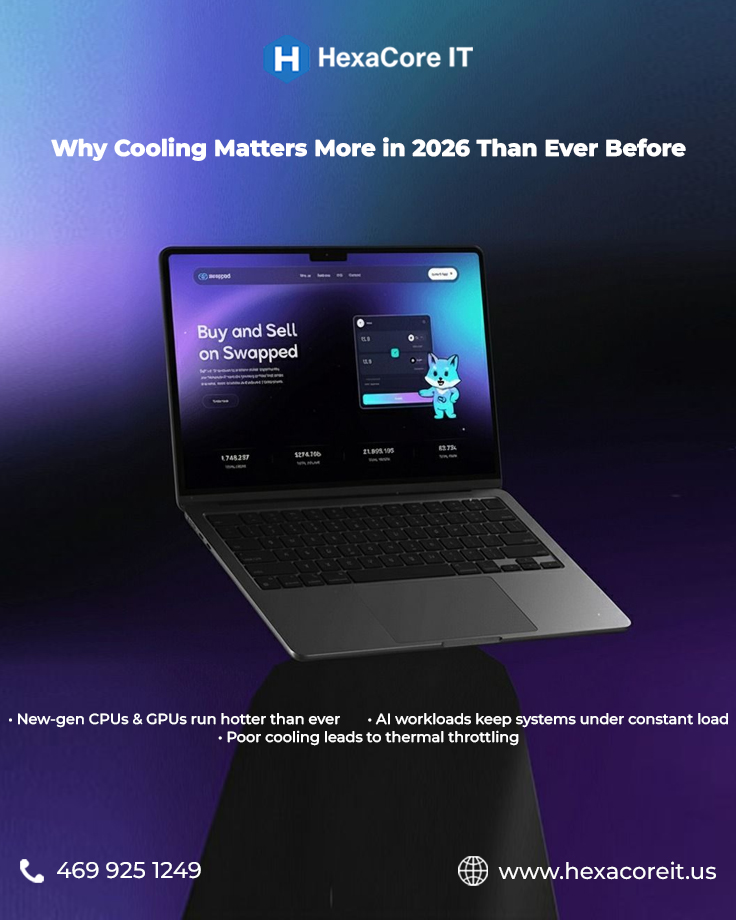 hexacoreit's tweet image. Your laptop isn’t slow, it’s overheating.

In 2026:
• CPUs &amp;amp; GPUs run hotter
• AI workloads = constant load
• Poor cooling = performance drops
Cooling is performance. 

#Tech #Laptop #Cooling #Performance #AI