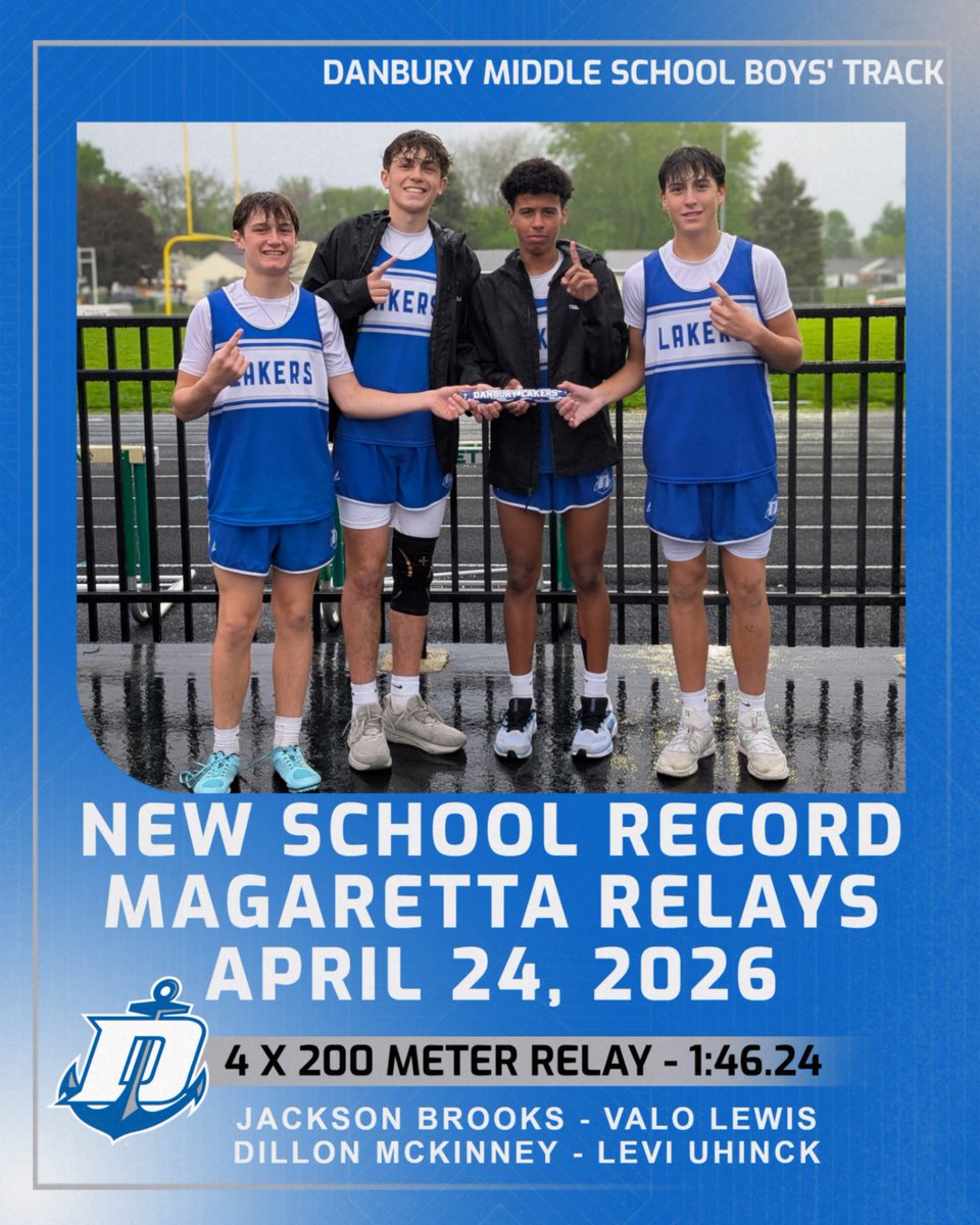 DanburyAthDept's tweet image. Congratulations to Jackson Brooks, Valo Lewis, Dillon McKinney, &amp;amp; Levi Uhinck for breaking the 4 x 200 meter relay record (1:46.24) @ the Margaretta Relays on Friday. The old record of 1:51.69 was set last year by Lane Hirt, Valo Lewis, Dillon McKinney, &amp;amp; Levi Uhinck. #excellence