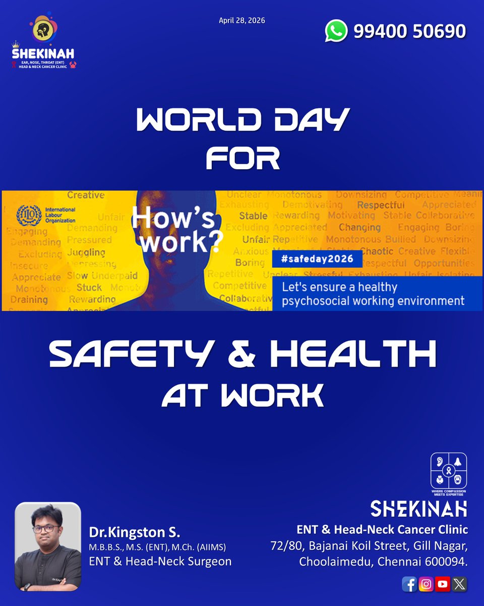 Shekinah_ENT's tweet photo. World Day for Safety and Health at Work – April 28, 2026

#WorldDayforSafetyandHealthatWork
#SafeWorkEnvironment

Dr.Kingston S.
ENT &amp; Head-Neck Surgeon,
Gremaltes Hospital, Shenoy Nagar.

#GremaltesHospital
#GremaltesENT
#HeadAndNeckCancerAwareness
#CancerAwareness
#OncologyCare https://t.co/3tiTTK90g7