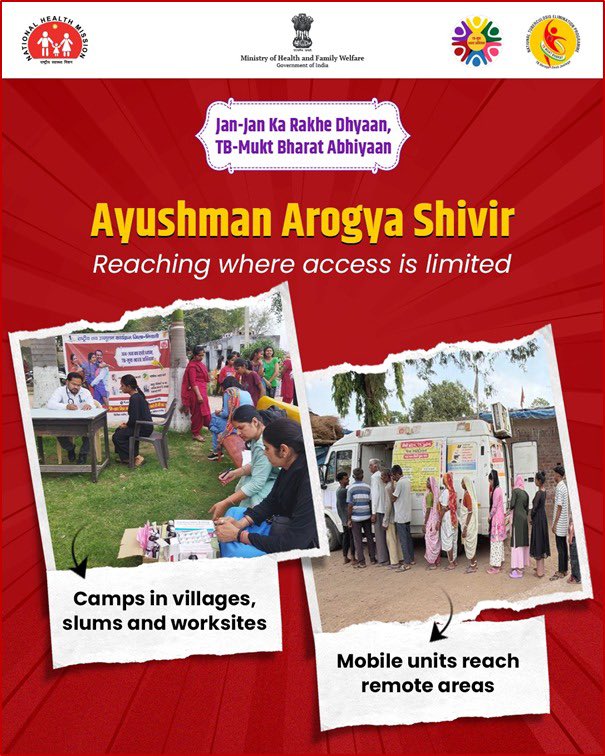 For many, access to health services can be limited by distance or location. 
Ayushman Arogya Shivirs bring health screening closer to everyday spaces, making it easier for people to get checked and take the next step towards care without having to travel far.
#TBMuktBharat