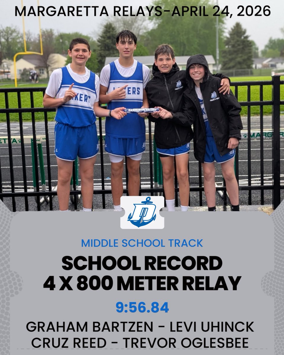DanburyMrMiller's tweet image. Congratulations to Graham Bartzen, Levi Uhinck, Cruz Reed, &amp;amp; Trevor Oglesbee for breaking the 4 x 800 meter relay record (9:56.84) @ the Margaretta Relays on Friday. The old record of (10:22.52) was set earlier this season by Oglesbee, Bartzen, Reed, &amp;amp; Liam Griffith. #excellence