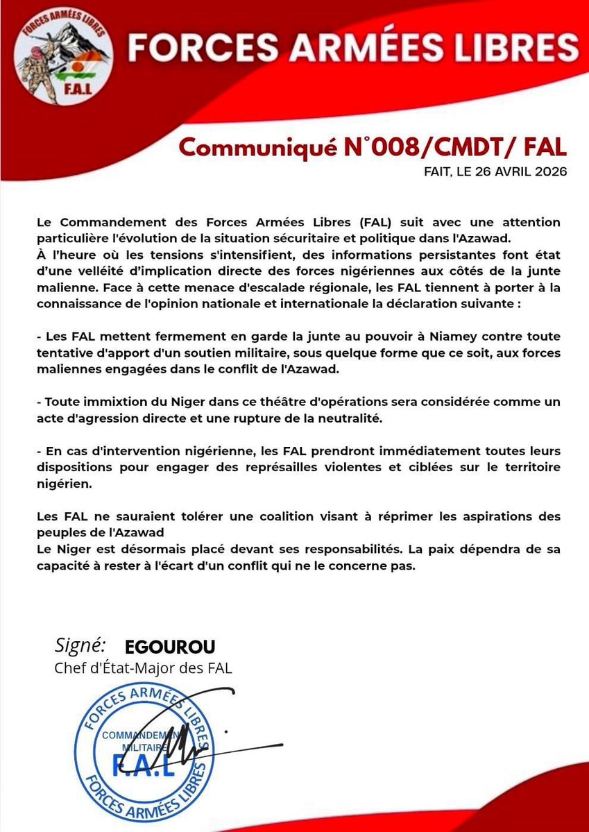 SahelAlerte's tweet image. 🚨 #Azawad 🤝 #Niger

Les Forces Armées Libres (FAL) du Niger mettent en garde contre toute implication militaire du Niger aux côtés de la junte malienne.

Toute intervention serait considérée comme une agression directe et entraînerait des représailles ciblées.

La junte