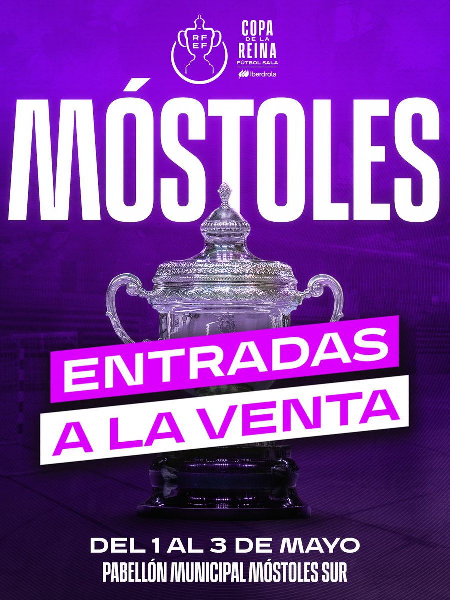 FutSalRFEF's tweet image. 🎟️ 𝗔 𝗹𝗮 𝘃𝗲𝗻𝘁𝗮 𝗹𝗮𝘀 𝗲𝗻𝘁𝗿𝗮𝗱𝗮𝘀 𝗽𝗮𝗿𝗮 𝗹𝗮 𝗖𝗼𝗽𝗮 𝗱𝗲 𝗹𝗮 𝗥𝗲𝗶𝗻𝗮 𝗜𝗯𝗲𝗿𝗱𝗿𝗼𝗹𝗮 𝗙𝗦

📍 Pabellón Municipal Móstoles Sur.
🗓️ Del 1 al 3 de mayo.
🎟️ 𝗖𝗼𝗺𝗽𝗿𝗮 𝗲𝗻𝘁𝗿𝗮𝗱𝗮𝘀: tickets.rfef.es/evento/copa-de…

#FutsalRFEF | #CopaDeLaReinaIberdrolaFS