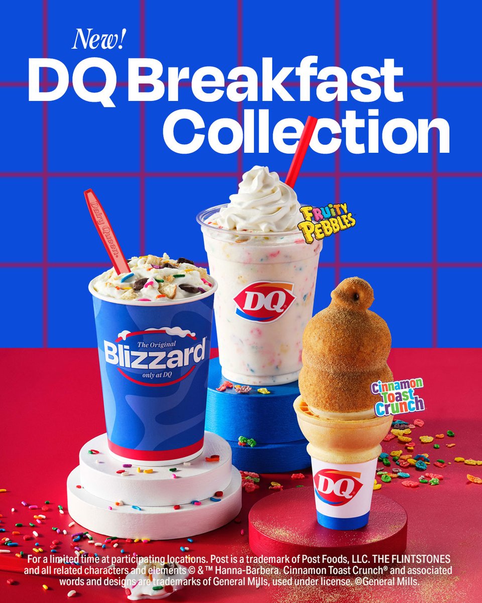 DairyQueen's tweet image. No, this isn’t a dream!! Try all our NEW! DQ Breakfast Collection treats:​

🥣🌈✨ NEW! Fruity Pebbles™ Shake​
🍩 NEW! Choco Frosted Donut BLIZZARD Treat​
🥣🍞🤎 NEW! Cinnamon Toast Crunch® Dipped Cone!