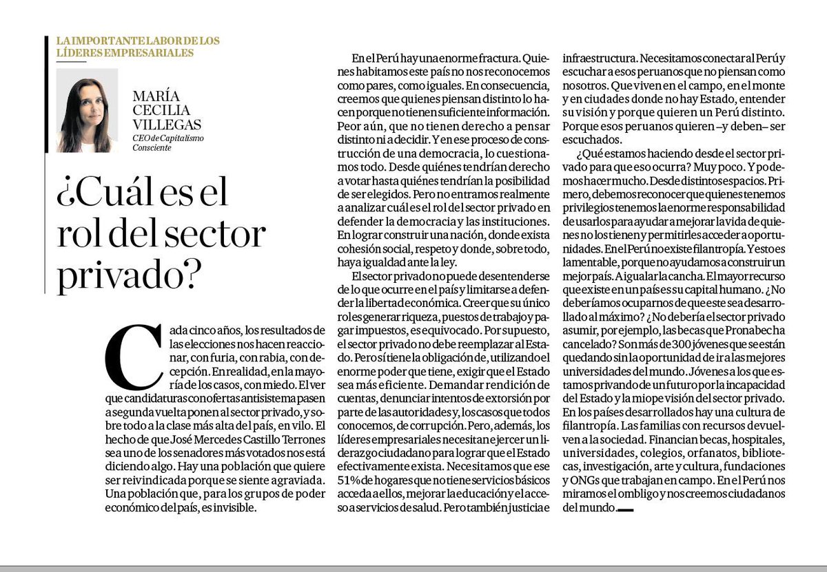 CConscientePeru's tweet photo. Sin ese compromiso del sector privado, el crecimiento se hace más lejano, mientras el país se sigue fragmentando.

Lee la columna de Ma. Cecilia Villegas (@C_Irreverencias) en @elcomercio_peru https://t.co/kVEdhu9npY