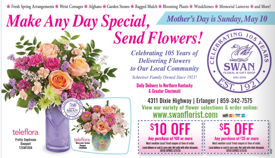 Mother's Day is Sunday, May 10th.  Let Swan Floral &amp; Gift Shop help make it special!

localadvertisingnky.com/offers/💐🌷🌺