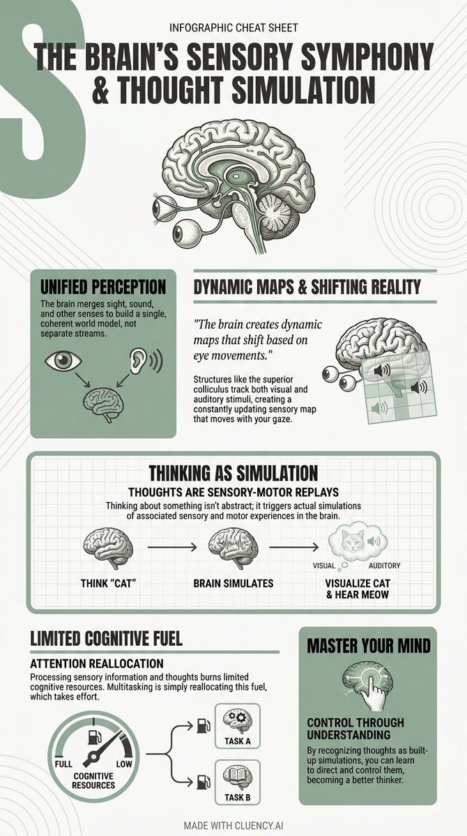 cluencyai's tweet image. .@hubermanlab's "Sensory Integration" ep blew my mind. Thinking isn't abstract, it's sensory simulation! Visual/audio. Wild. Made with @cluencyai

#neuroscience #cognition #brain