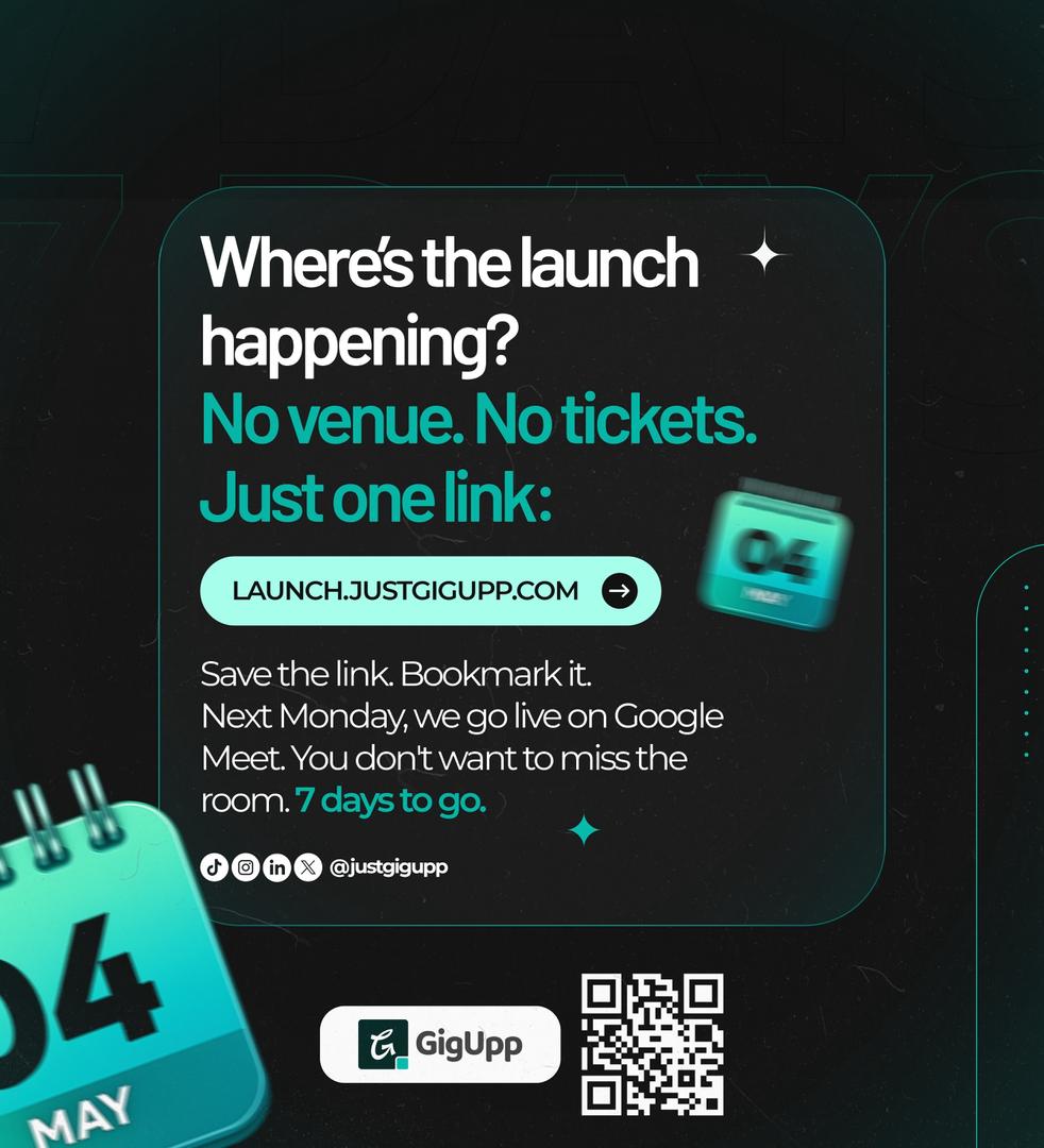 justgigupp's tweet image. Where’s the launch happening?🤔

No physical venue. No tickets.
Just one link.

👉 launch.justgigupp.com

&amp;gt; 📍Save it. Bookmark it.

We go live on Google Meet next Monday.
Be in the room.

7 days to go. 👀

#GigUpp #HustleSmart #LaunchCountdown