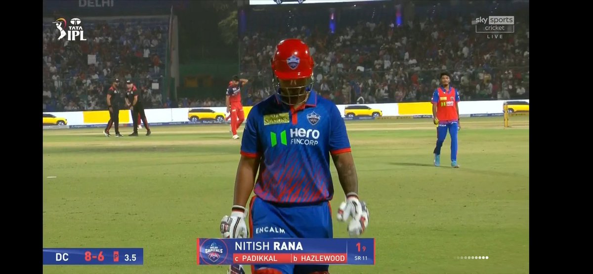 CricUniverse7's tweet image. What happened at Delhi Tonight??

#DC lost there 6th wickets as well. 

Josh Hazelwood remove Nitish Rana on 1(9) runs

#DC scored 8/6 in 3.5

#DCvRCB #IPL2026 #México #łatwogang #Fantástico #brøndby #PakistanisTerrific