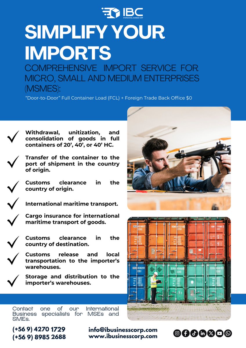 i_business_corp's tweet image. SIMPLIFY YOUR IMPORTS
Comprehensive Import Service for Micro, Small and Medium Enterprises (MSMEs): “Door-to-Door” Full Container Load (FCL) + Foreign Trade
Back Office $0

#ibc #import #export #forwarder #logistics #mipe #MSEs #pyme #sme #chile #china #india #latam #peru #us