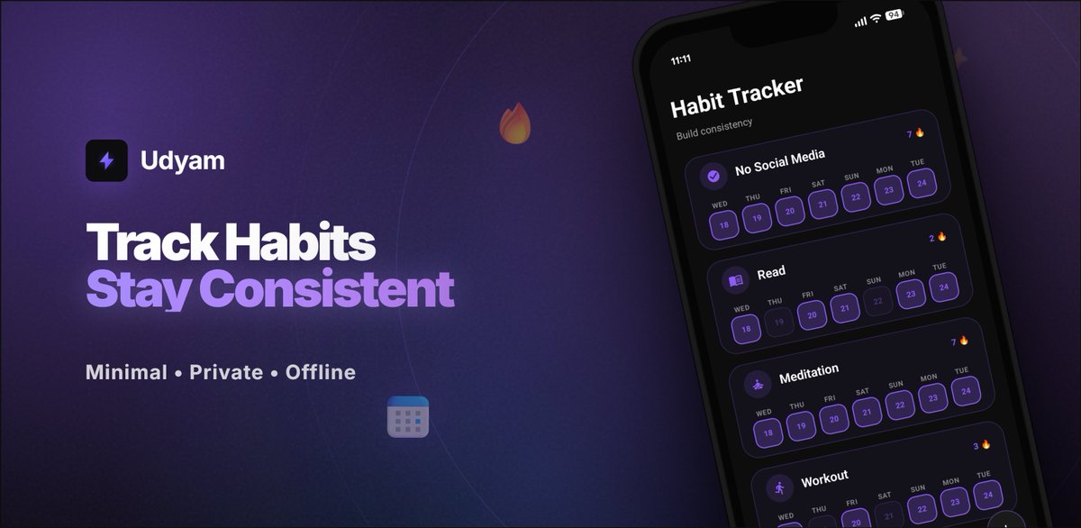 buildinprogres's tweet image. I got tired of habit trackers requiring email logins and tracking my data.

So I built a 100% offline, completely private, and local-first tracker. No accounts, no cloud, just speed.

It’s officially LIVE! 🚀 Check it out here: tinyurl.com/udyamhabit

#BuildInPublic #AndroidDev