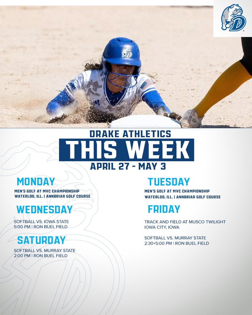 DUBulldogs's tweet image. 🚨This Week in Drake Athletics

🥎 @DrakeSoftball wraps up regular season play at
Ron Buel Field.

⛳ @Drakemensgolf competes at the MVC
Championship.

🏃‍ @Drake_TFXC head to Iowa City for a
weekend meet.

🆓Admission to all softball games is FREE

#DSMHometownTeam