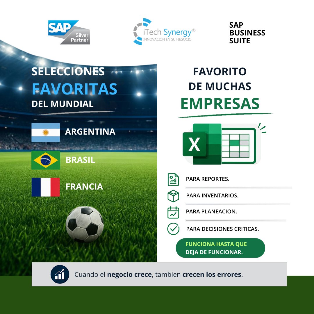 i_TechSynergy's tweet photo. ⚽ Feliz inicio de semana.
Que tu energía esté más alta que los pendientes del lunes. 😅

Mientras todos hablan del Mundial 🇦🇷 🇧🇷 🇫🇷

En muchas empresas, el campeón sigue siendo:📊 Excel

Hasta que el negocio crece.
¿Sigue reinando en la tuya?

#FelizLunes #Mundial2026 #SAP https://t.co/VRyrou2vmt