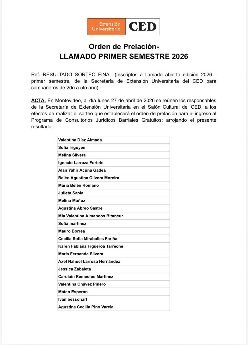 CedOficina's tweet photo. LLAMADO A ESTUDIANTES - PROGRAMA CONSULTORIOS JURÍDICOS BARRIALES GRATUITOS DEL CED
⚖️🧡

Compartimos el orden de prelación para el ingreso de estudiantes al Programa de Consultorios Jurídicos Barriales Gratuitos del CED.
(1/3)👇 https://t.co/1vVbWLT4D8