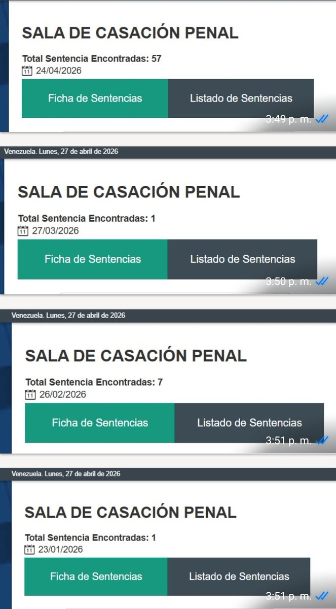 #Sinvergüenzas La Sala Penal que está siendo desmantelada en este momento por la dictadura de <a href="/delcyrodriguezv/">Delcy Rodríguez</a> no ha trabajado en todo el año y de repente publicó en un sólo día 57 sentencias. Habrá que revisar los beneficiarios y perjudicados de este lote de decisiones. 
Último