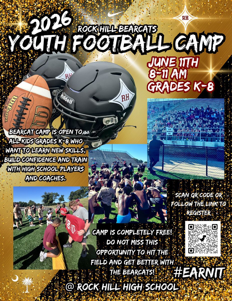 RHHSBearcatsFB's tweet image. 🏈 BEARCAT YOUTH FOOTBALL CAMP 🐾

📍 Rock Hill High School
📅 June 11
⏰ 8:00–11:00 AM
🎯 Ages K–8

Skills. Competition. Energy. Effort.

Come workout with the Bearcats! 

See flyer for more details. 

#BearcatFootball #EarnIt @BoulwareLeon @budking52 @Coach_JDuncan @RHBearcats