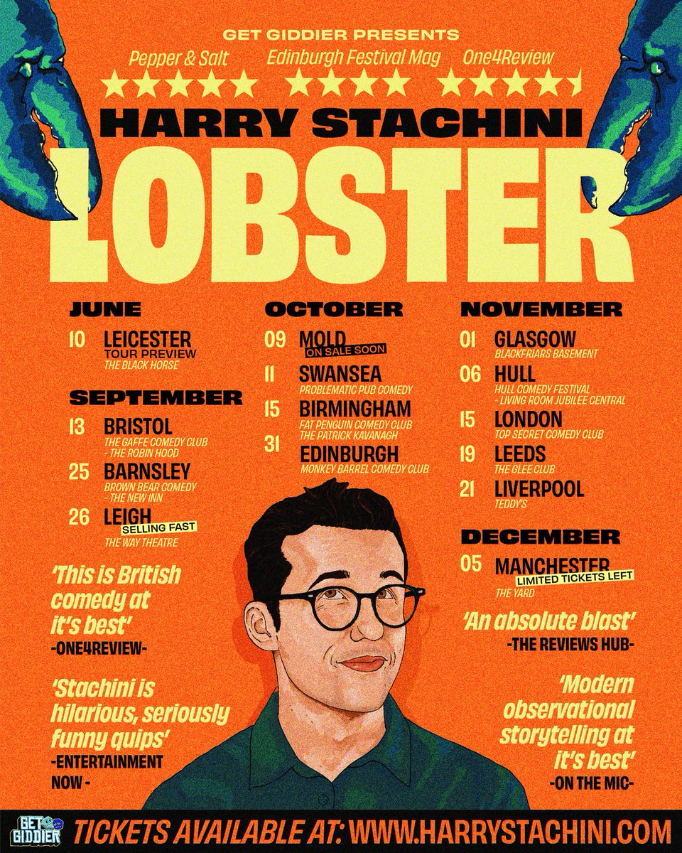 HStachini's tweet photo. Harry Stachini - UK TOUR 2026 - Lobster 🦞

After a smash-hit, sell-out Edinburgh Fringe run and a Best Show nomination, Harry Stachini is back with his biggest show yet. Lobster!

Tickets available at: https://t.co/HOjYHSraOv https://t.co/nBGfVJU9Qt
