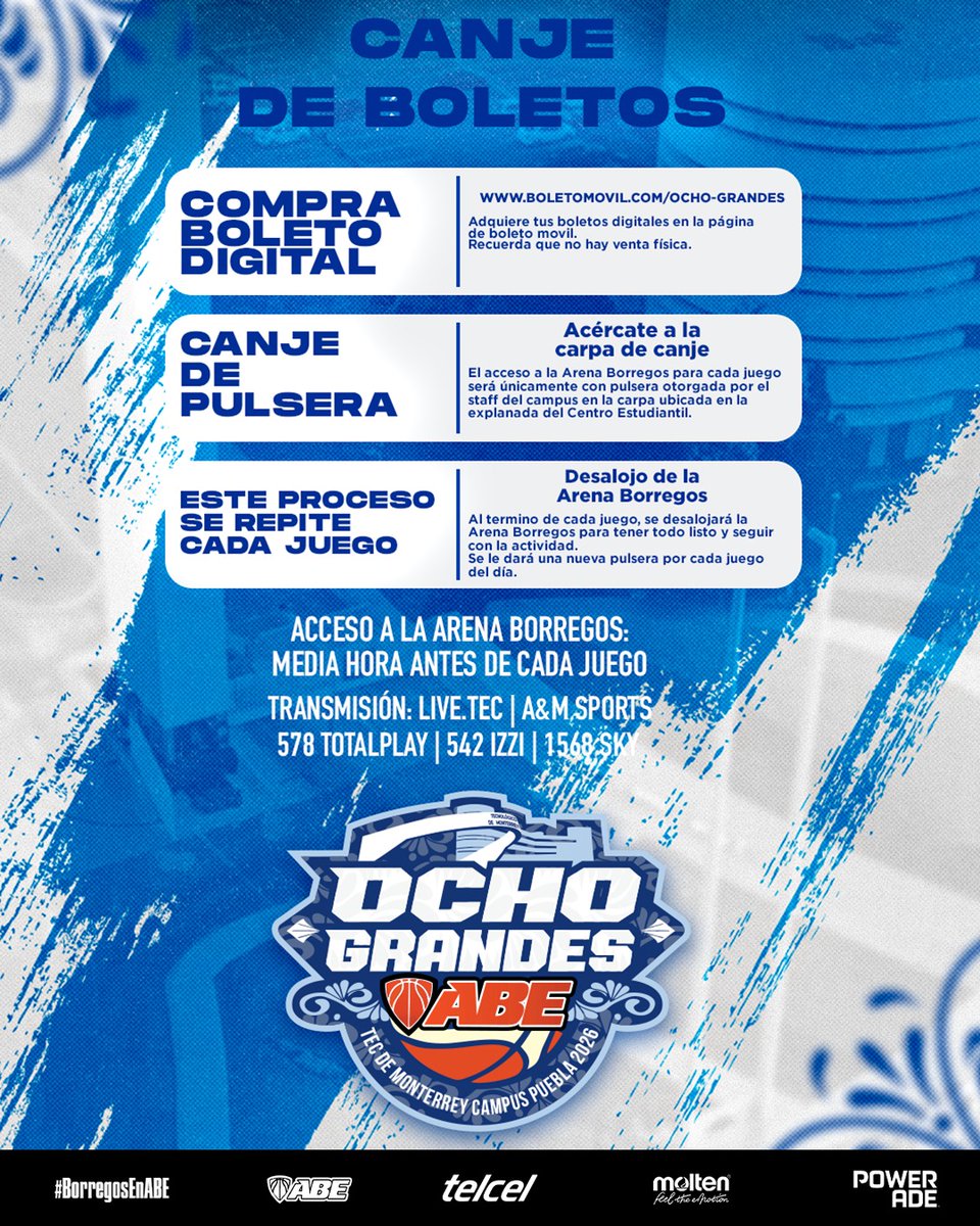 AsocBasquetEst's tweet photo. 🎟️ ¿Compraste boletos para los Ocho Grandes 2026?
Toma en cuenta los siguientes puntos para los juegos de esta semana.
*El uso de pulsera es obligatorio para el acceso de todos los juegos.
Recuerda que la venta es a través de: https://t.co/tNlDRf2OMc 
#OchoGrandes https://t.co/wMPvl2gOx7