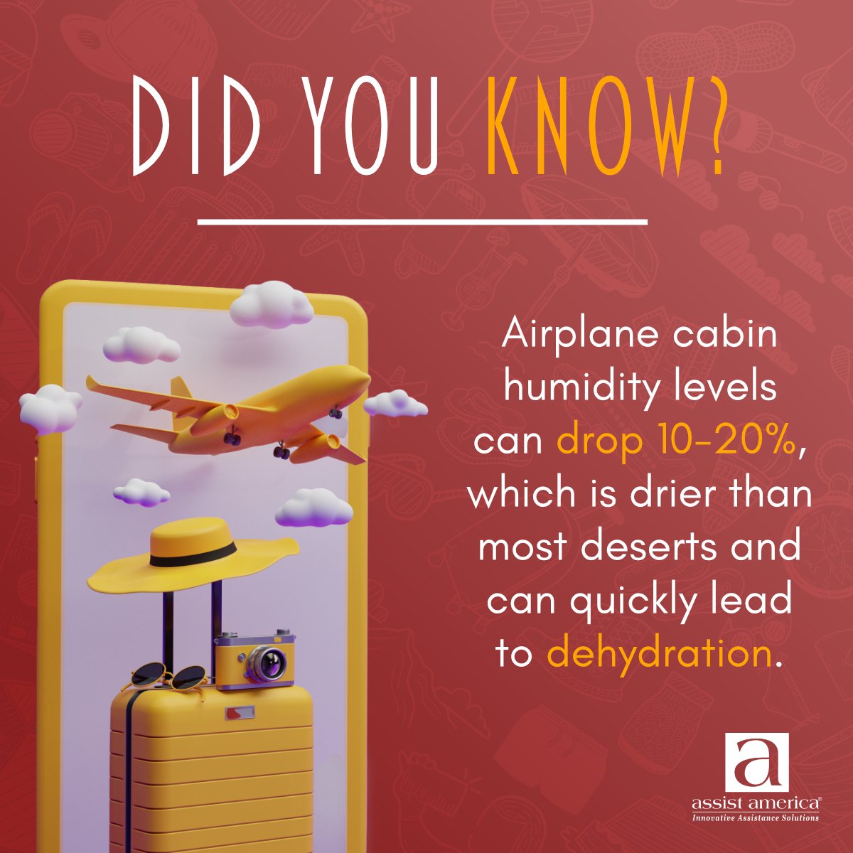 AssistAmerica's tweet image. Dry cabin air is a common part of air travel, but dehydration doesn’t have to be. Drinking water throughout the flight can help you arrive feeling better and ready to go 💧 #DidYouKnow #TravelSmart #AssistAmerica