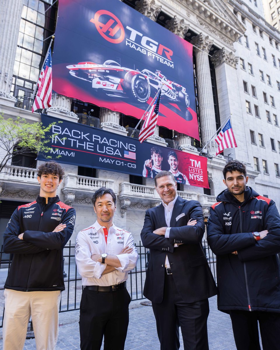 NYSE's tweet photo. Ringing into the Races 🏁 #F1

@HaasF1Team and @ToyotaMotorCorp celebrate its technical collaboration and the team’s first U.S. race of the season. 

#MiamiGP | $TM https://t.co/O0L9hbApLM