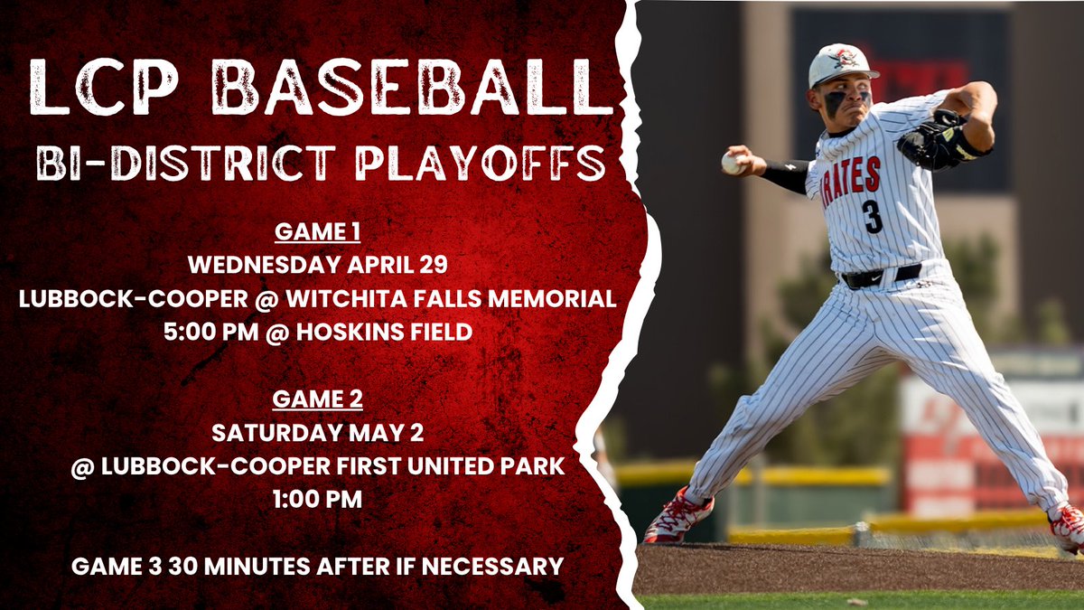 Pirate_Ath's tweet photo. @LCPbaseball will be playing in Witchita Falls Wednesday 4/29 for Game 1 of the Bi-District Playoffs! Game 2 will be at home on Saturday. Let's goooo! https://t.co/N7TP2Q1pLN