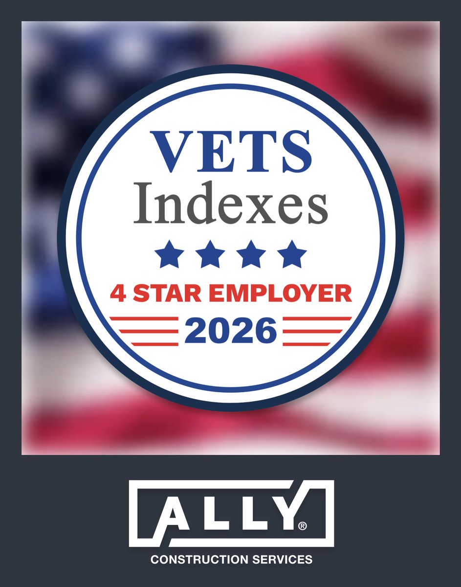 ALLYconstructs's tweet photo. We’re proud to share that ALLY Construction Services has been recognized as a 2026 VETS Indexes 4 Star Employer! This is an honor that reflects our meaningful commitment to recruiting, developing, and supporting veterans and the military‑connected community.
#ALLYConstructionSvcs https://t.co/iobDUtuTDE