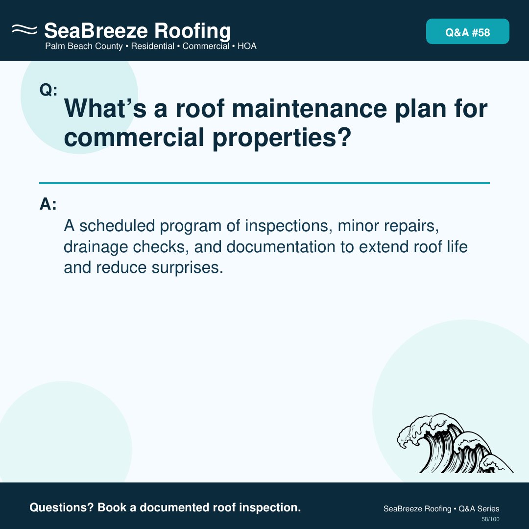 SeaBreezeRoof's tweet image. Commercial maintenance plans include scheduled inspections, minor repairs, and drainage checks to extend roof life and reduce surprises. Contact SeaBreezeRoofing to book a documented inspection.

#SeaBreezeRoofing #PalmBeachCounty #RoofingContractor #RivieraBeach