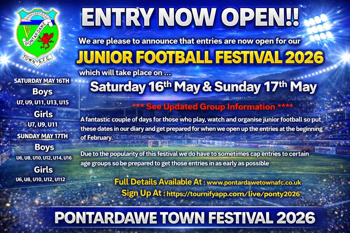 PontardaweTown's tweet photo. Just 3 more days to enter our Junior Football Festival as entries close after 30th April so don't miss out 🖤🤍⚽️

https://t.co/tjVwMrlmWF https://t.co/5A28UNMQ9X