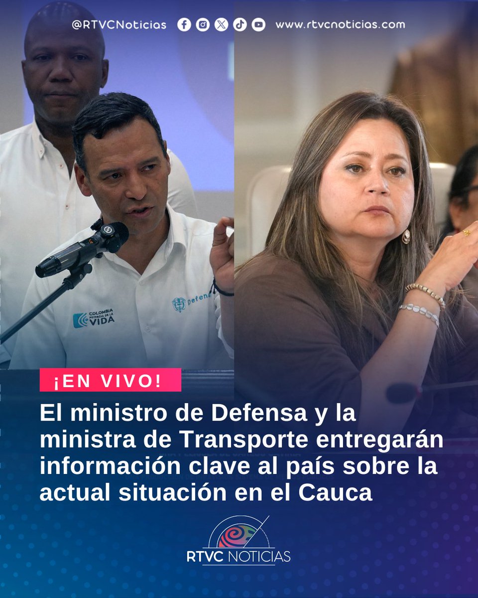 RTVCnoticias's tweet image. #ENVIVO 🔴 | El ministro de @mindefensa, @PedroSanchezCol y la ministra de @MinTransporteCo @maferojas entregarán información clave al país sobre la actual situación en el Cauca. 

📺 Conéctate a la emisión central y conoce todos los detalles de este importante anuncio del