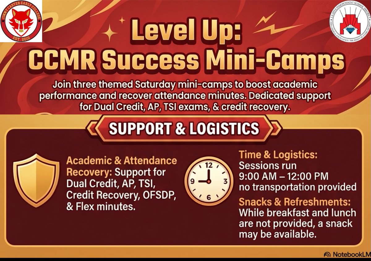 JCECHSRedWolves's tweet photo. Students can attend three themed sessions designed to support dual enrollment, AP, TSI prep, exam readiness &amp; credit recovery.
9 a.m. to noon on:
May 2: Superhero Scholars Day
May 9: College Spirit Day
Transportation and meals will not be provided. A snack may be available. https://t.co/ordqVJbTCD