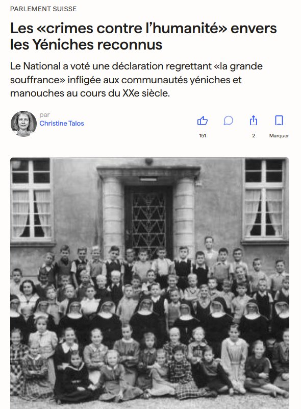 "Les «crimes contre l’humanité» envers les Yéniches reconnus"

PS, Verts, VL et Centre ont voté oui.
Les <a href="/UDCch/">UDC Suisse</a> ont voté majoritairement contre.
Le <a href="/PLR_Suisse/">PLR Suisse</a> s'est majoritairement abstenu.