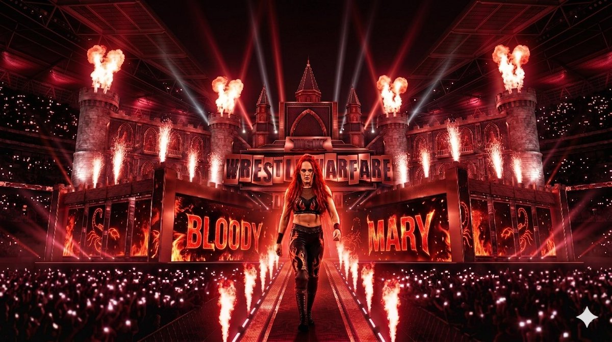 WSWFederation's tweet photo. The arena is swallowed in a deep crimson haze as flames erupt like a ritual awakening. The Women's Royal Clash winner @WSWMary steps forward from the fire, her piercing stare cutting through the chaos with chilling intensity. There’s no emotion—only something darker, something dangerous. Each step is slow, deliberate, as if she’s dragging the entire atmosphere into her world. The crowd grows uneasy, the energy shifting from excitement to fear. She doesn’t acknowledge them. Bloody Mary isn’t here to perform… she’s here to haunt, to hurt, and to leave scars that never fade.