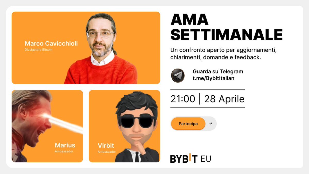 BybitItaliano's tweet image. 📣 Fai la tua domanda all’ospite dell’AMA! 🎤

🗓 Martedì, 28 Aprile ⏰ Ore 21:00 📌 Live su Telegram 🗣

In occasione della prossima AMA con @cavicchioli , vogliamo dare spazio alle vostre curiosità!

💬 Avete domande su #crypto o #Bitcoin??
Questo è il momento giusto per farle!