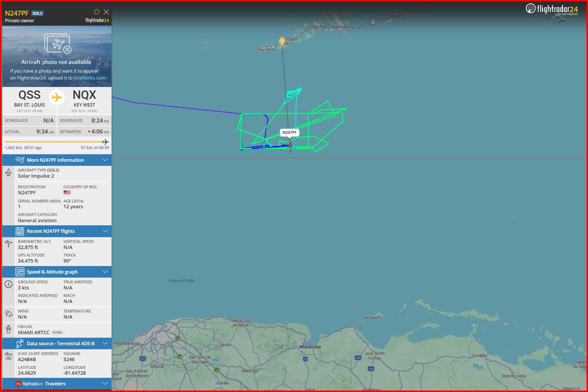 FlconEYES's tweet image. Servicio de @USNavy Drone Solar Impulse 2 UAV
N247PF | #a24b4b
#StLuis to #KeyWest #Florida | t.ly/CL8dl

Tiene la embergadura de un Boeing 747 y completó la circumnavegación del globo en 2015.
Activo sobre el Estrecho de Florida, sin misión declarada.

 #VesselAlert