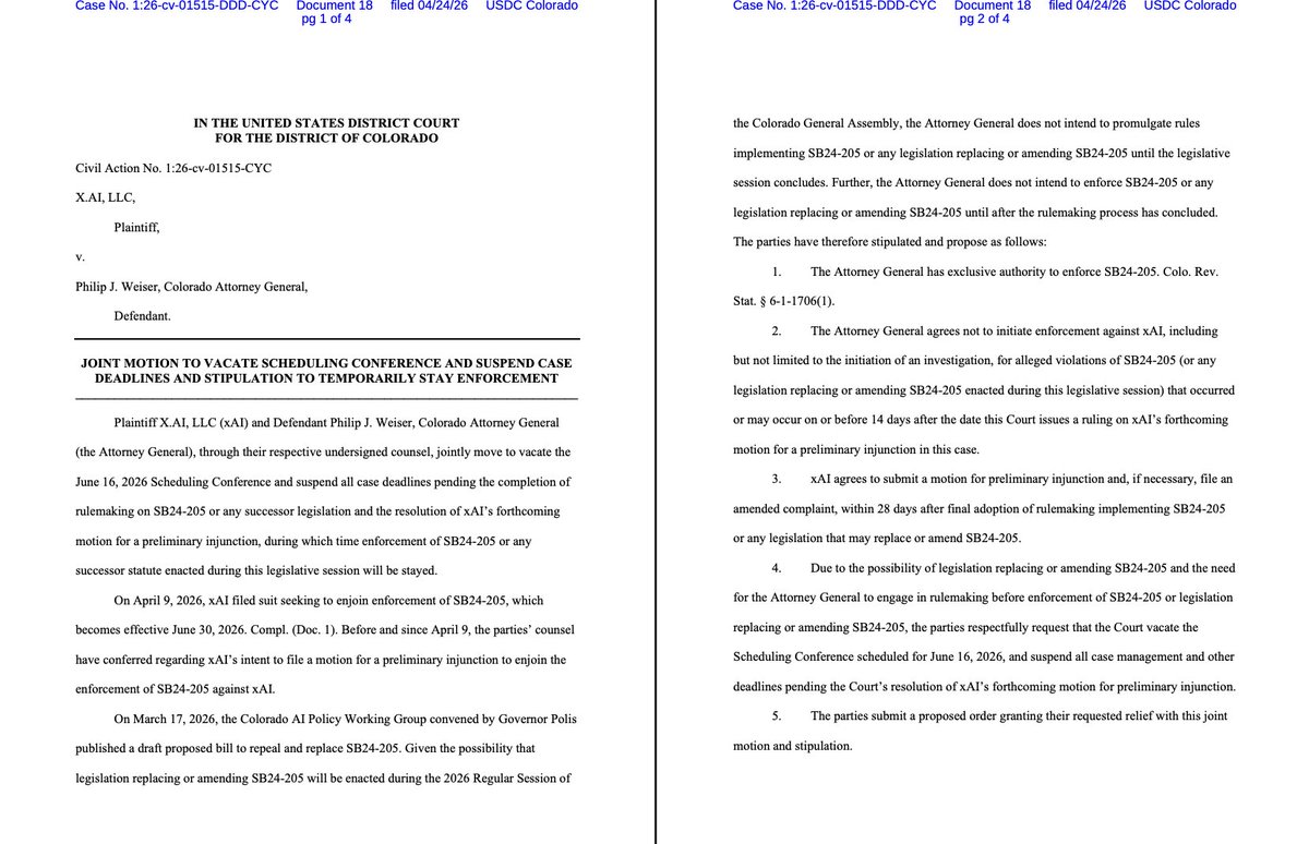 TheFIREorg's tweet photo. Looks like Colorado’s AI law SB24-205 is on pause for now, and so is xAI’s lawsuit challenging it.

On Friday, the parties jointly agreed to suspend all case deadlines while Colorado works through potential changes to the law. Enforcement is also on hold during this process.

A state working group has proposed amendments to SB 24-205, and the legislature now has time to consider those changes. Depending on what happens next, and whether revisions address the constitutional concerns raised, this case could resume later.

As we’ve repeatedly said, Colorado’s law has major First Amendment problems, including how the law defines "algorithmic discrimination.” In its current form, AI developers are at risk of punishment for outputs the state deems discriminatory, while carving out exceptions for outputs that “increase diversity or redress historical discrimination.”

Functionally, that means access to the knowledge that these tools provide is at risk of being filtered through approved state messaging.